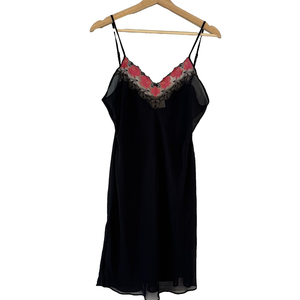 Black Slip‎ Dress Women's M Rose Embroidered Lace Babydoll Lingerie Whimsigoth
